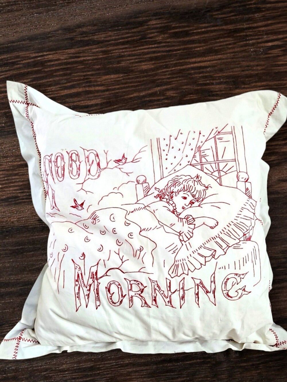 Large Vintage Children's Pillow "Good Morning" Redwork Embroidery Handmade
